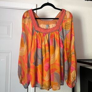 BL^NK LONDON Anthropologie orange multicolor viscose‎ square neck puff blouse